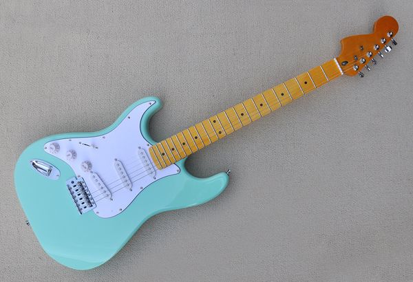 

factory custom left handed light green electric guitar with maple fretboard,chrome hardware,yellow neck,can be customized