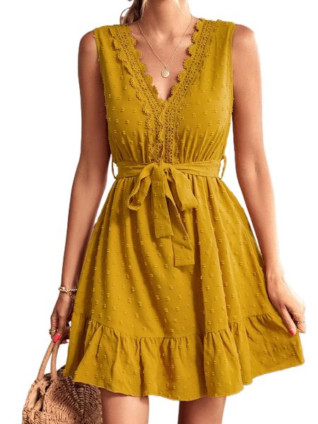 

swiss dot lace trim belted dress y3jb#, Black;gray