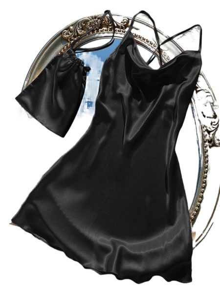 

plus draped front criss cross back satin cami nightdress & bag u5qw#, Black;white