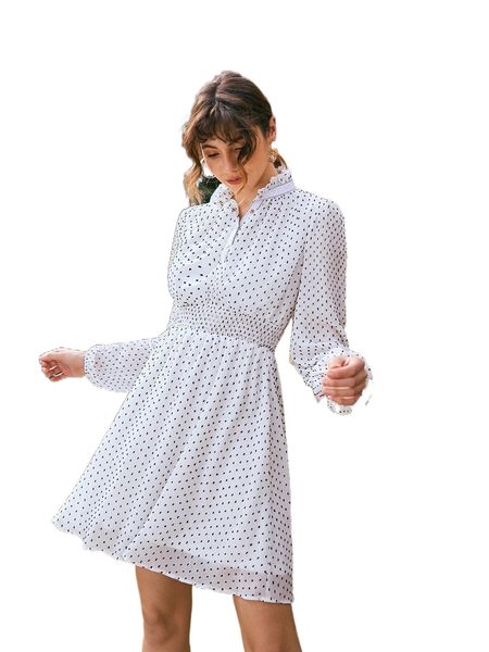 

swiss dot frill trim button front dress 20uu#, Black;gray