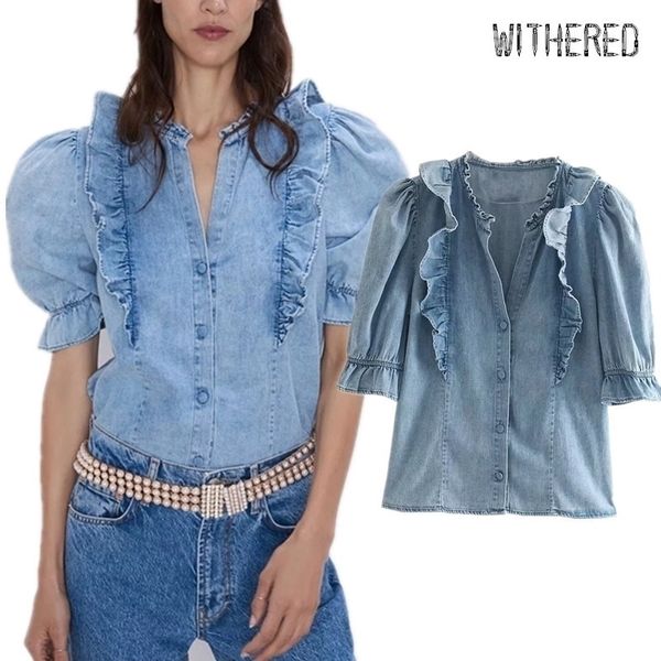 

withered high street cascading ruffles puff sleeve denim blouse women blusas mujer de moda shirt womens and blouses y200402, White