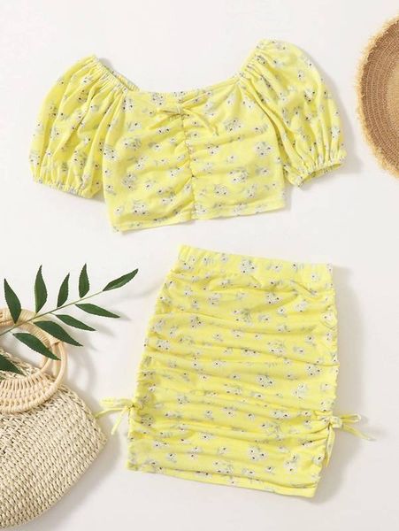 

girls knot front ruched floral & skirt set she, White