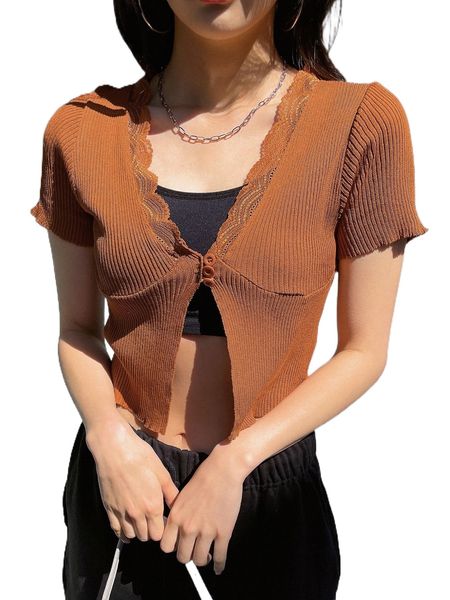 

dazy solid contrast lace scallop trim button front crop tee a4um#, White