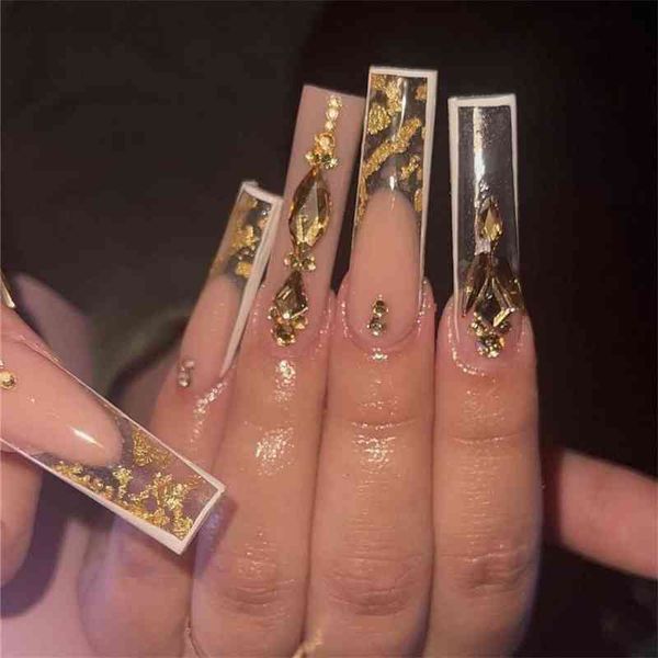 

false nails long coffin wearable ballerina fake luxury gold tower diamond nude glitter full cover nail tips set press on 06163705027, Red;gold