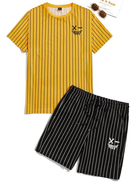 

men vertical striped & expression print tee & drawstring waist shorts g3ax#, Gray