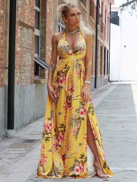 

joyfunear plunging neck tie back -slit floral maxi dress c3db#, Black;gray