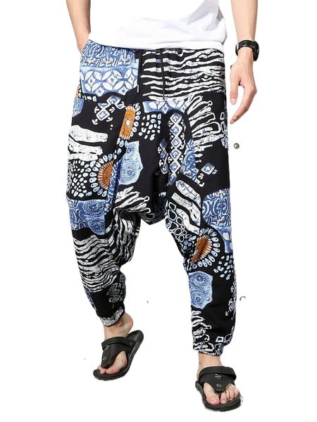 

men graphic print drawstring waist drop crotch pants v9x4#, Black
