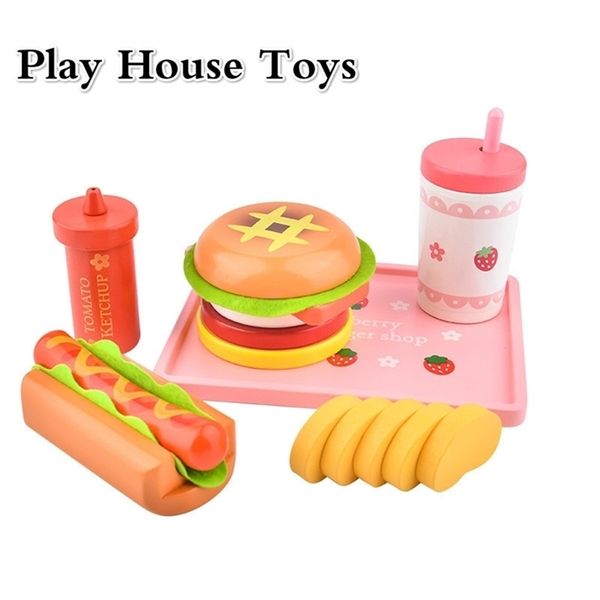 Kinder Holz Simulation Hamburger Spielzeug Erdbeere Simulation Burger Hund Set Mini Essen Spielhaus Küche Spielzeug für Mädchen LJ201211