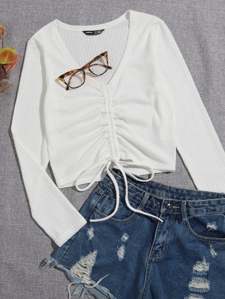 

drawstring front rib-knit tee b0wj#, White