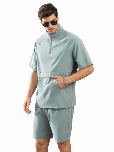 

men raglan sleeve zip half placket & slant pocket shorts set r7df#, Gray