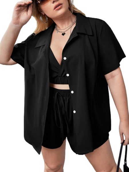 

plus button front blouse & cami & shorts 03jp#, Black