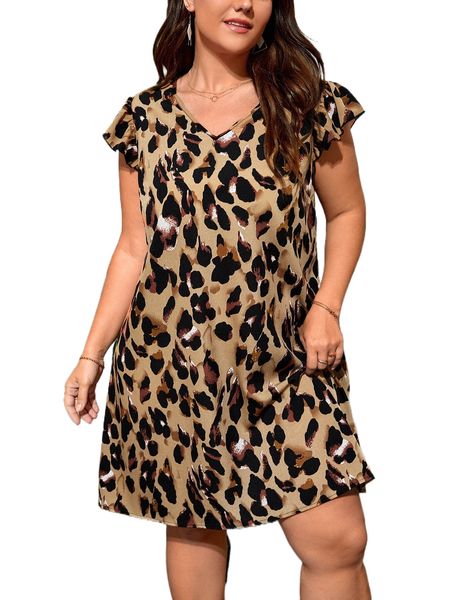

plus allover print butterfly sleeve tunic dress 50an#, Black