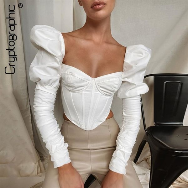 

cryptographic square collar vintage fashion corset women and blouse shirts elegant puff long sleeve blusas 220813, White