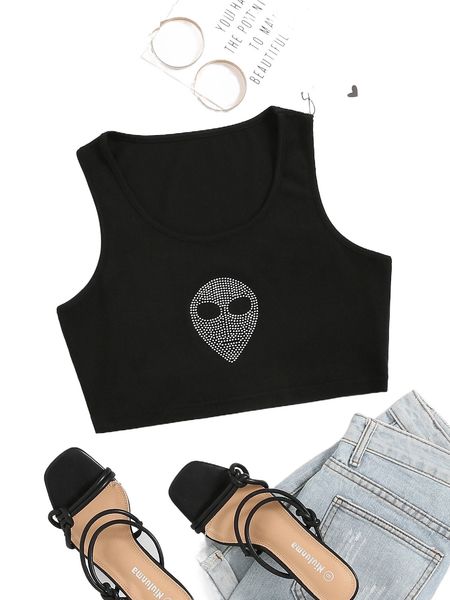 

rhinestone alien pattern tank k7qe#, White