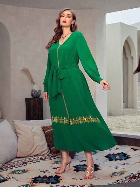 

plus gold print contrast trim belted dress x0j4#, Black