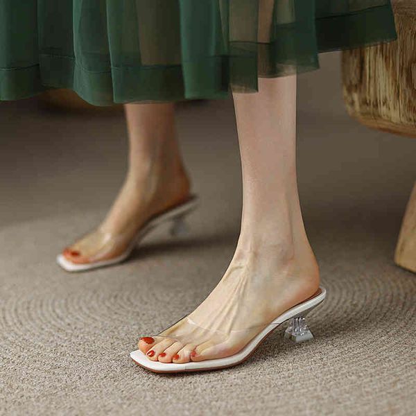 

sandals transparent sandals women's summer net red medium heel thick crystal women wear transparent high s a913, Black