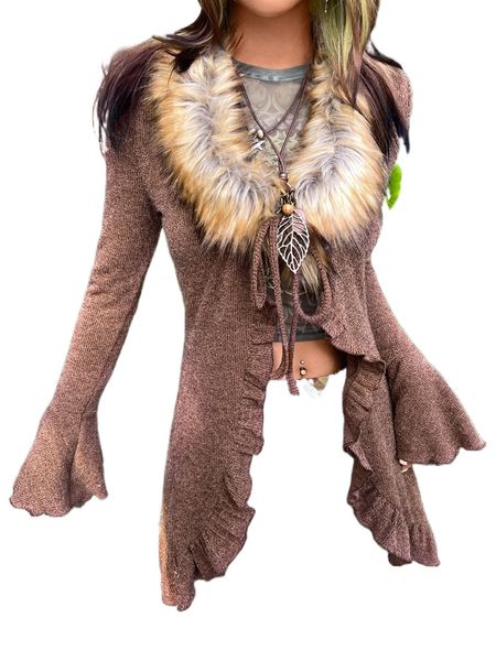 

borg collar flounce sleeve ruffle trim knot front coat k916#, Black