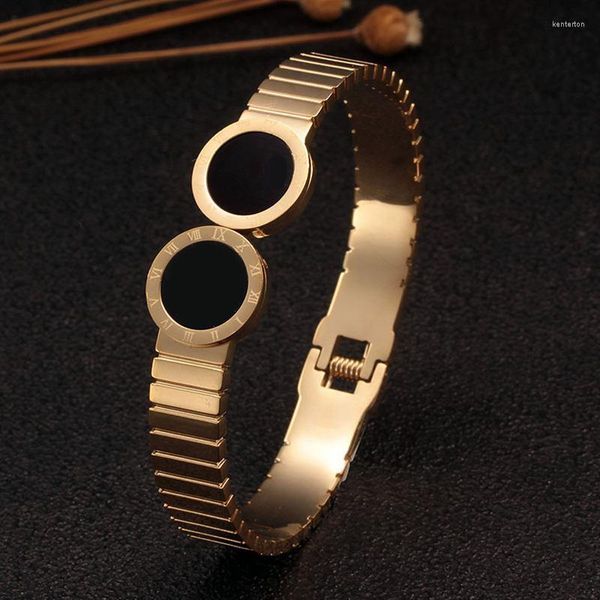 Bangle Vintage Gold Placated Women Feminino Bulbão de punho aberto Classic Round Roman Numbers