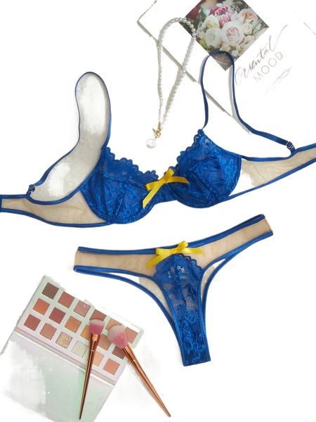 

bow front contrast mesh lace underwire lingerie set u6yd#, Black;red