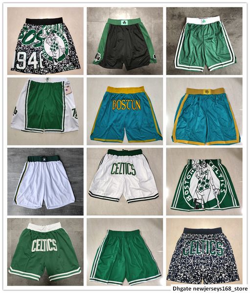 

2022 boston men retro basketball shorts pocket celtic size s-2xl, Black