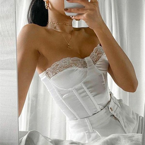 

viifaa lace trim white satin strapless corset crop women zipper back tight bustier clubwear party female slim 220316