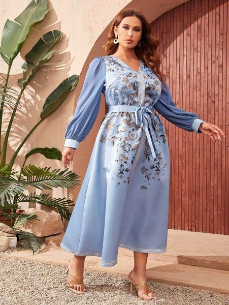 

plus a-line floral print lantern sleeve belted dress a4qi#, Black