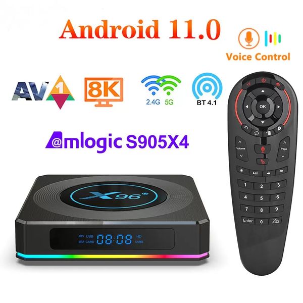 X96 X4 Smart TV Box Android 11 Amlogic S905X4 TVBox 4GB RAM 32GB 64GB Поддержка AV1 8K Dual WiFi BT4.1 YouTube Set Top Box с голосовой воздушной мышью мини -клавиатуры клавиатуры