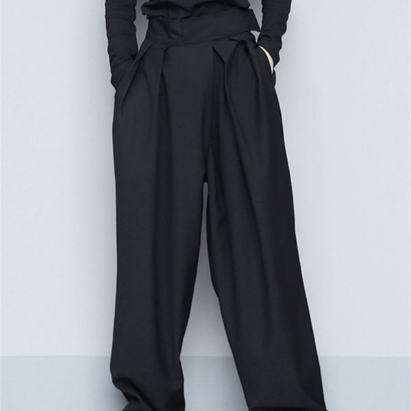 

[eam] high waist black brief pleated long wide leg trousers loose fit pant fashion spring autumn 1s399 220325, Black;white