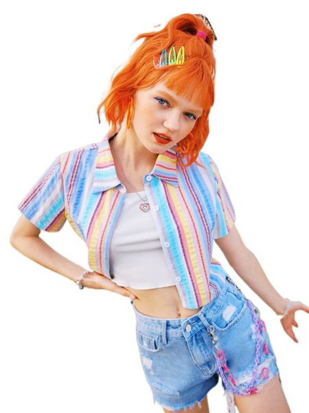 

romwe y2k revival colorblock striped crop blouse e7qq#, White