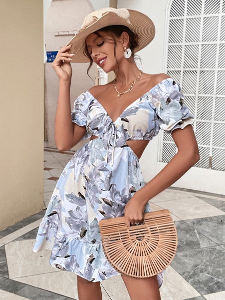 

random floral print puff sleeve cut out side ruffle hem dress l79u#, Black;gray