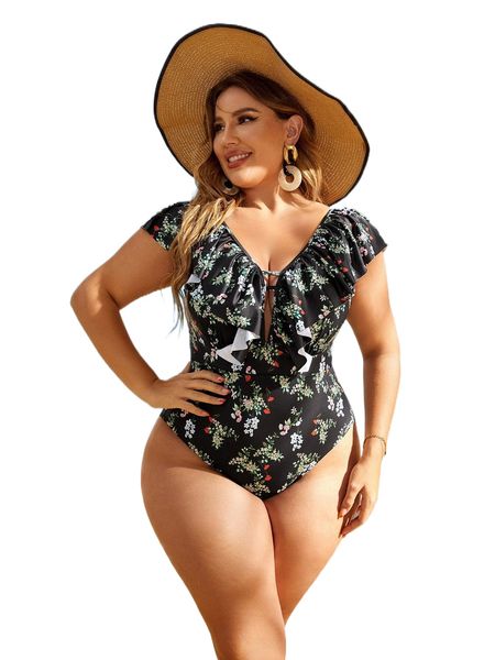

plus floral print ruffle trim plunging neck one piece swimsuit y9cz#, White;black