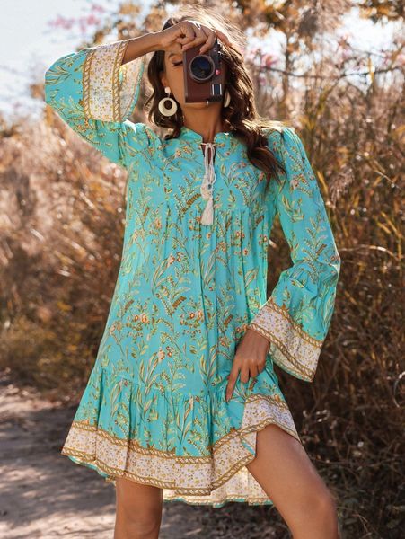 

floral print tie neck trumpet sleeve ruffle hem smock dress e19k#, Black;gray