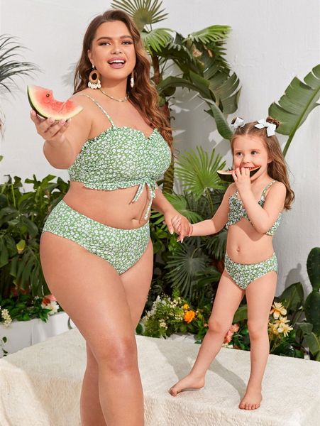 

plus 1set ditsy floral drawstring frill trim bikini swimsuit h8b9#, White;black