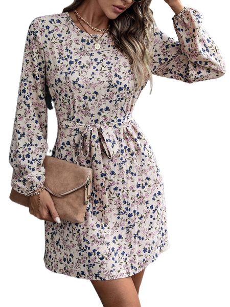 

ditsy floral keyhole back bishop sleeve belted dress n6mj#, Black;gray