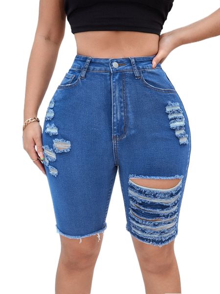 

sxy ripped raw hem denim biker shorts a4p8#, White;black