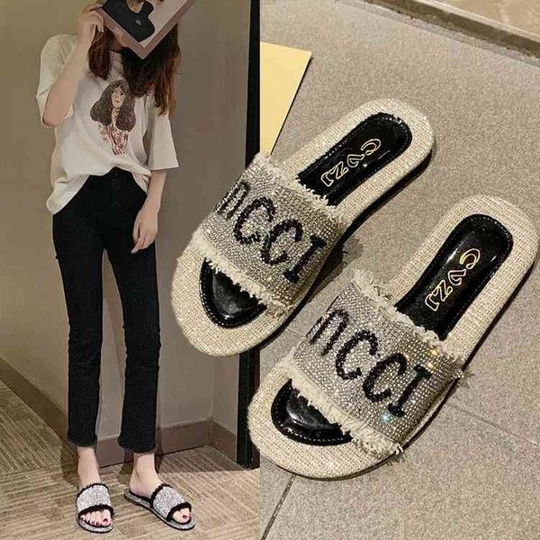 

designer shoes 2022 new summer slippers women's outer wear shoes flat bottom one line sandals fashion versatile rhinestone beach, Black