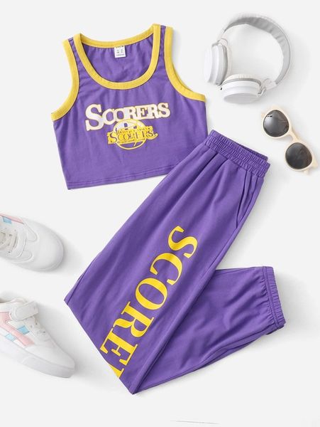 

girls letter graphic contrast binding crop tank & joggers she, White