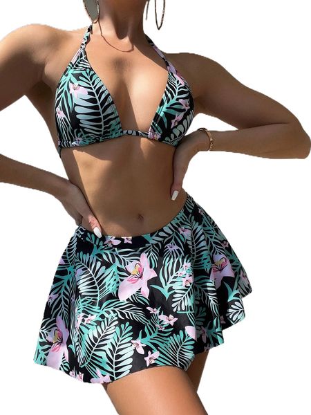 

plant print halter triangle bikini swimsuit r5wa#, White;black