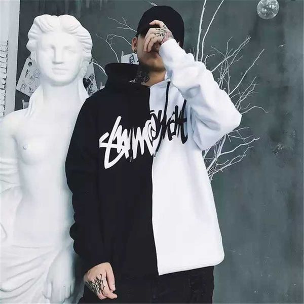 

mens scratches print hoodies hip hop patchwork colors oversized sweatshirts fashion hooded winter male pullover streetwear, Black