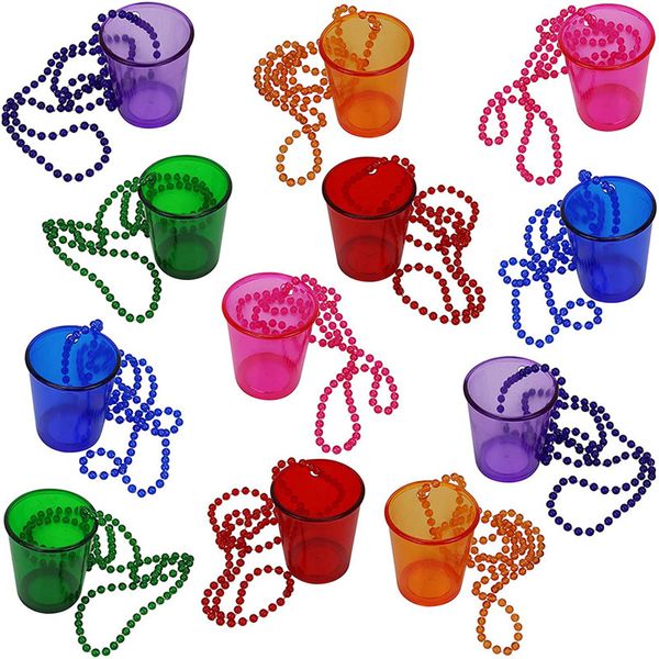 Commercio all'ingrosso 1,5 once Natale Halloween Fiaschette di plastica 50 ml Bottiglie di acqua potabile colorate trasparenti portatili Bachelor Party Collana Bead Chain Cup A12