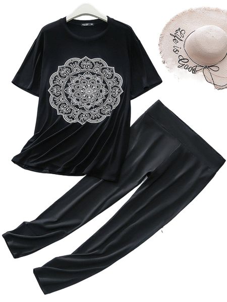 

plus mandala print tee & ruched leggings q7tf#, Black