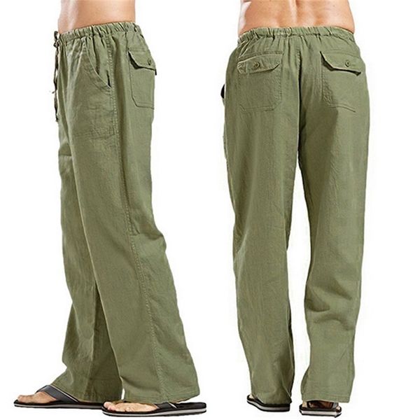 Calça masculina de verão masculino linho de linho sólido calças casuais retas mais 220823