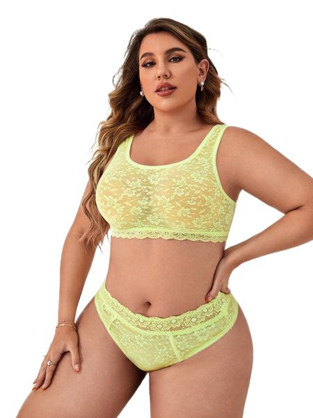 

plus floral lace scallop trim lingerie set without liner 19ey#, Black;white