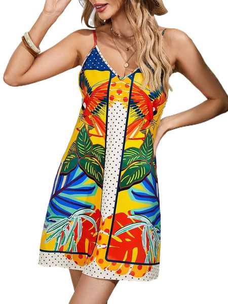 

parrot & tropical print cami dress a3s2#, Black;gray