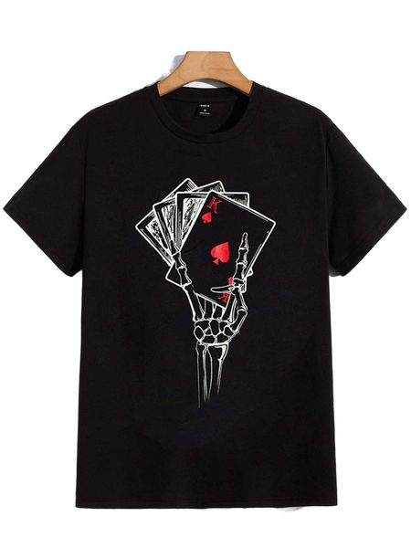 

men playing card & skeleton hand print tee k87f#, White;black