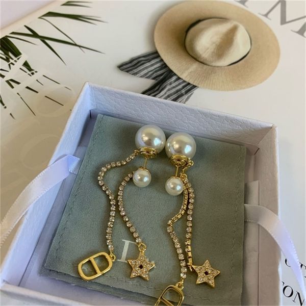 

2022 36% off designer jewelry new letter tassel pearl net red and diamond studded star earrings women's, Golden