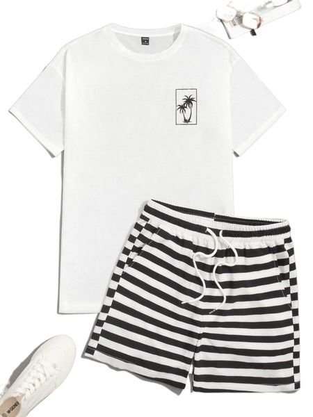 

men coconut tree print tee & drawstring waist striped shorts h2vu#, Gray