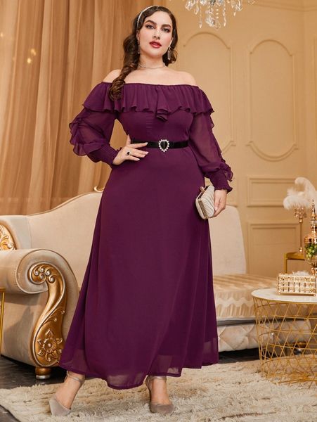 

plus off shoulder ruffle trim shirred lantern sleeve belted dress o8mo#, Black