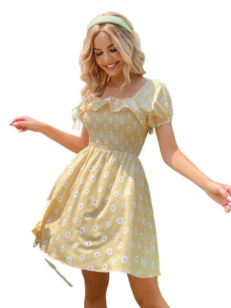 

allover floral print ruffle trim puff sleeve dress y4ds#, Black;gray