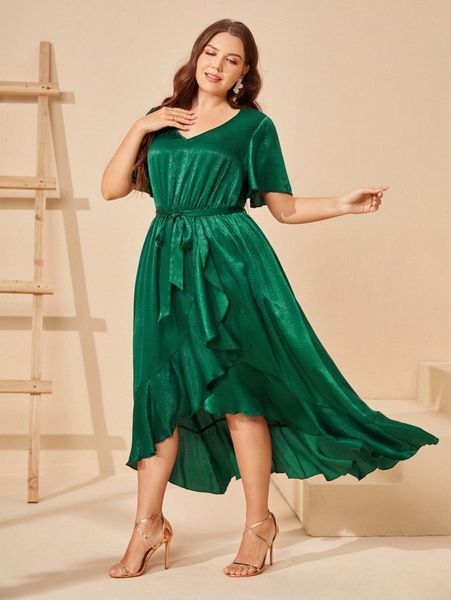 

plus solid wrap ruffle trim butterfly sleeve belted satin dress s5or#, Black